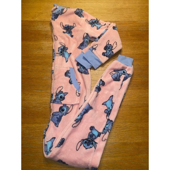 Disney Stitch Pink Fleece One-Piece Pajama Suit With Pockets & Zip Closure For K - Picture 5 of 5